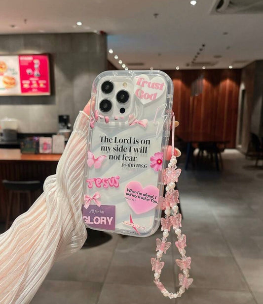 Sweet Trust & Scripture Clear Phone Case | Pink Butterfly Charm